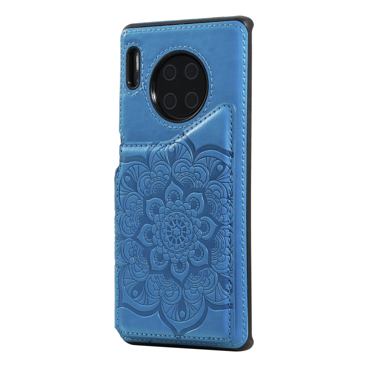 Para Huawei Mate 30 PRO Flower Patrón de estampado de estampado de impermeable con soporte y ranuras para tarjetas y marco de fotos (azul)