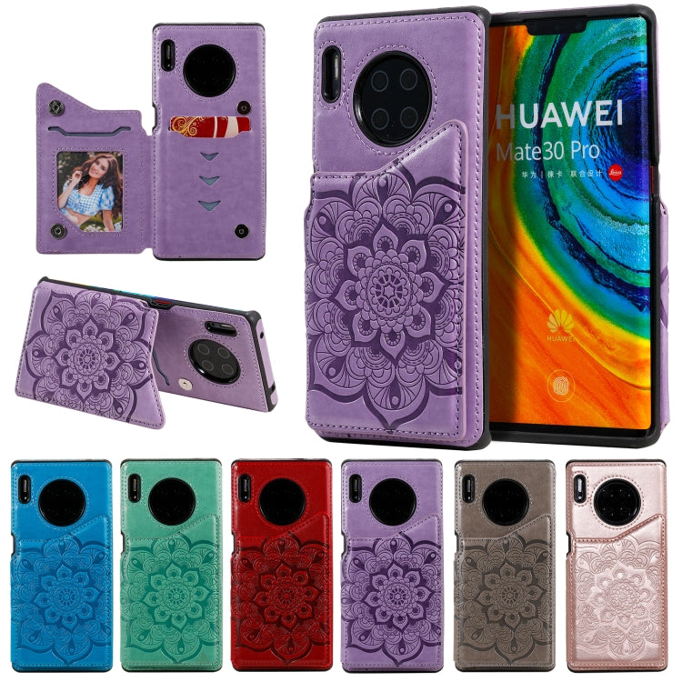 Para Huawei Mate 30 PRO Flower Patrón de estampado de estampado de impermeable con soporte y ranuras para tarjetas y marco de fotos (azul)