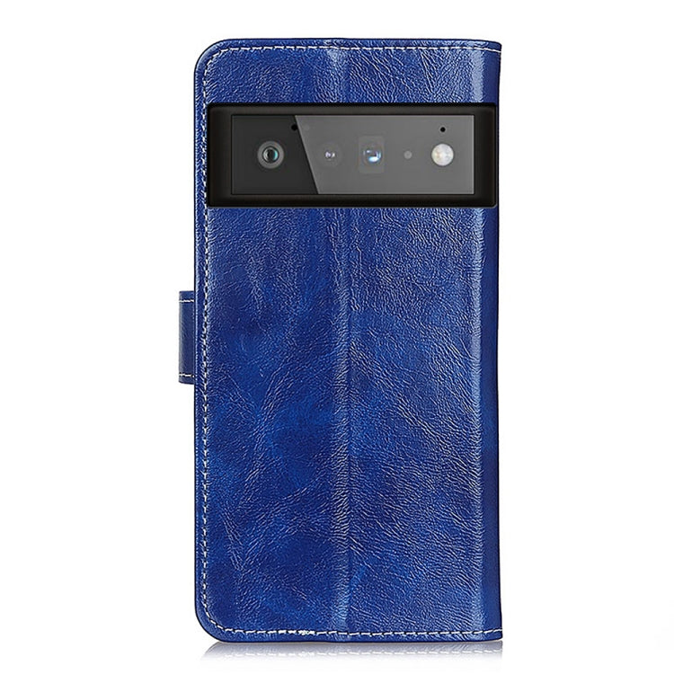 Para Google Pixel 6 Pro Retro Crazy Horse Texture Horizontal Flip Funda de cuero con soporte y ranuras para tarjetas y marco y billetera (azul)