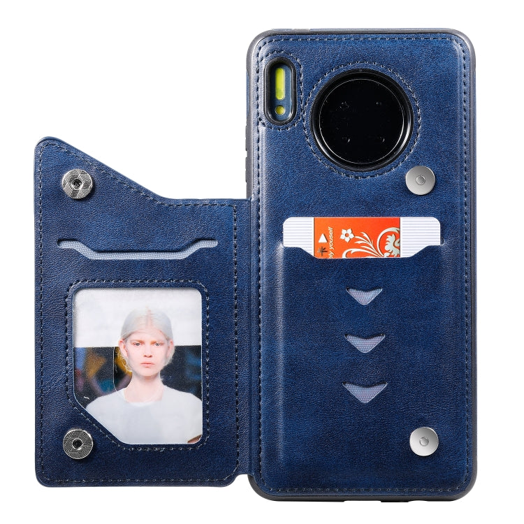 Funda de cuero con tapa horizontal con textura de becerro para Huawei Mate 30 con soporte, ranuras para tarjetas y marco (azul)