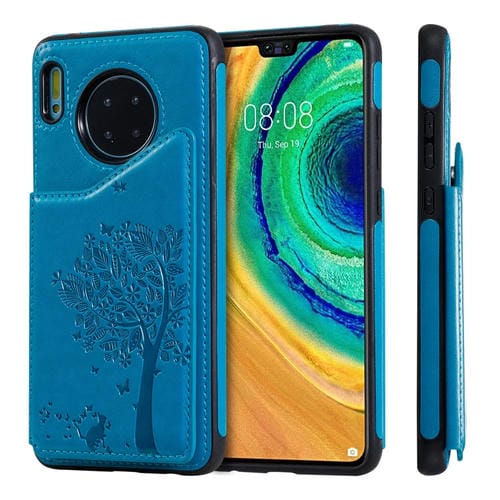 Funda protectora a prueba de golpes con patrón en relieve de árbol de gato Huawei Mate 30 con ranuras para tarjetas y marco de fotos (azul)