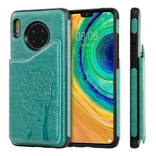 Funda protectora a prueba de golpes con patrón en relieve de árbol de gato Huawei Mate 30 con ranuras para tarjetas y marco de fotos (verde)
