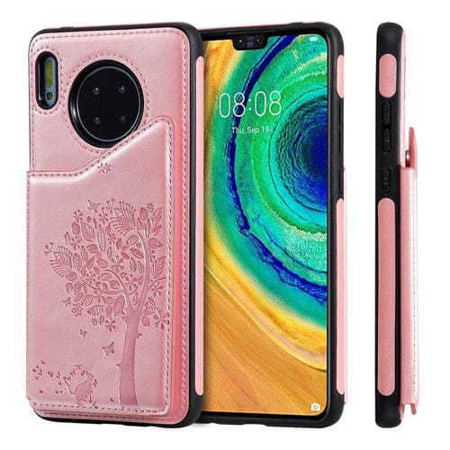 Funda protectora a prueba de golpes con patrón en relieve de árbol de gato Huawei Mate 30 con ranuras para tarjetas y marco de fotos (oro rosa)