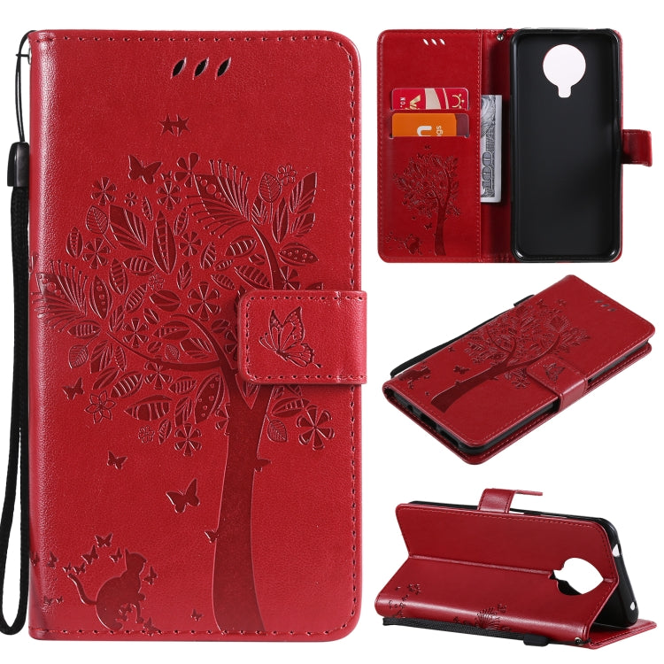 Para Nokia 6.3 Patrón de árbol y gato Impresión prensada Funda de cuero Horizontal Flip PU con soporte y tragamonedas de tarjetas y billetera y cordón (rojo)