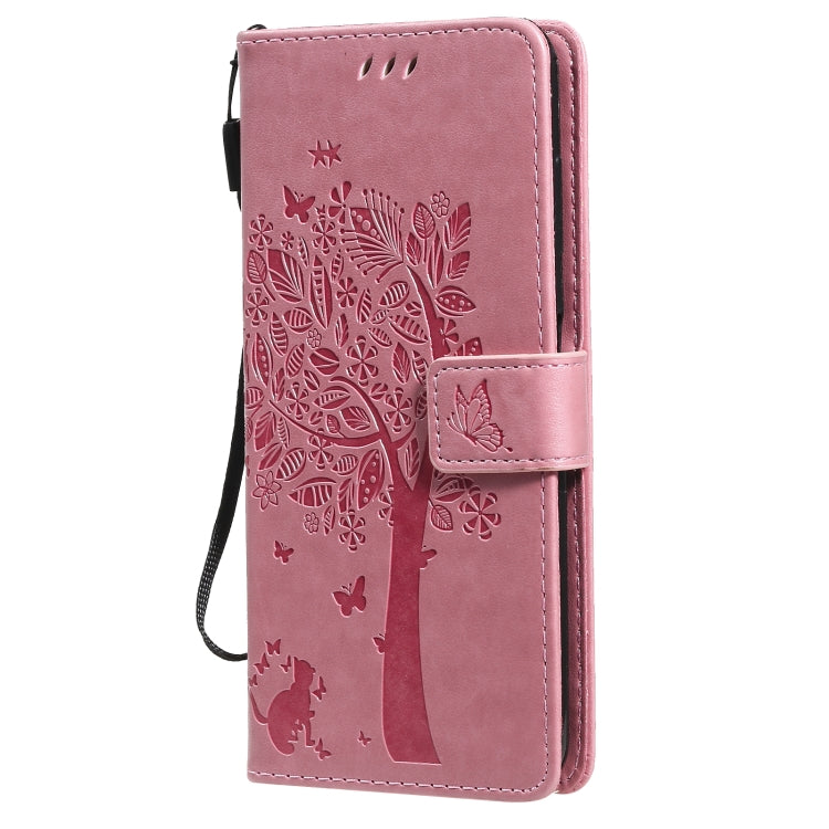 Para Nokia 6.3 Patrón de árbol y gato Impresión prensada Funda de cuero Horizontal Flip PU con soporte y tragamonedas de tarjetas y billetera y cordón (rosa)
