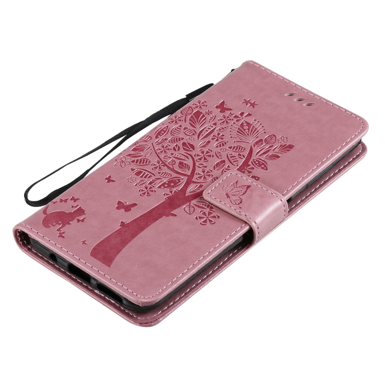 Para Nokia 6.3 Patrón de árbol y gato Impresión prensada Funda de cuero Horizontal Flip PU con soporte y tragamonedas de tarjetas y billetera y cordón (rosa)