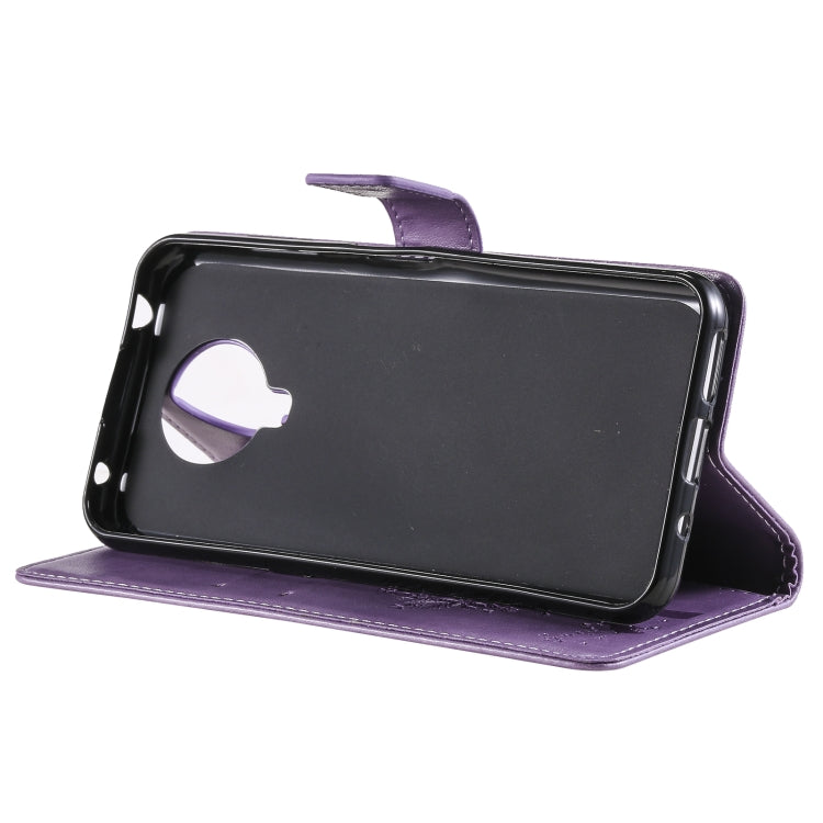 Para Nokia G10 Tree & Cat Pattern Presión prensada Funda de cuero Horizontal Flip PU con soporte y ranuras para tarjetas y Billetera y cordón (lavanda)