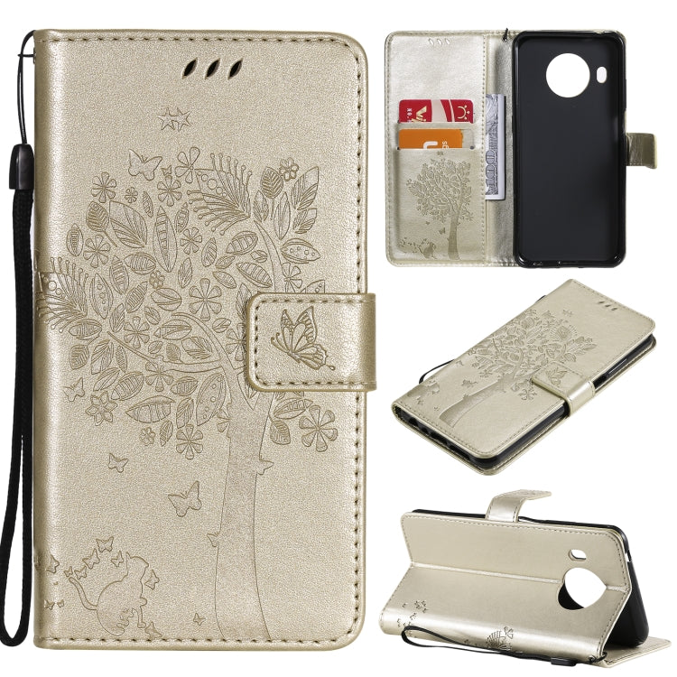 Para Nokia X20 Árbol y gato Patrón de impresión prensado Funda de cuero de PU de la PU con soporte y ranuras para tarjetas y cordón (oro)