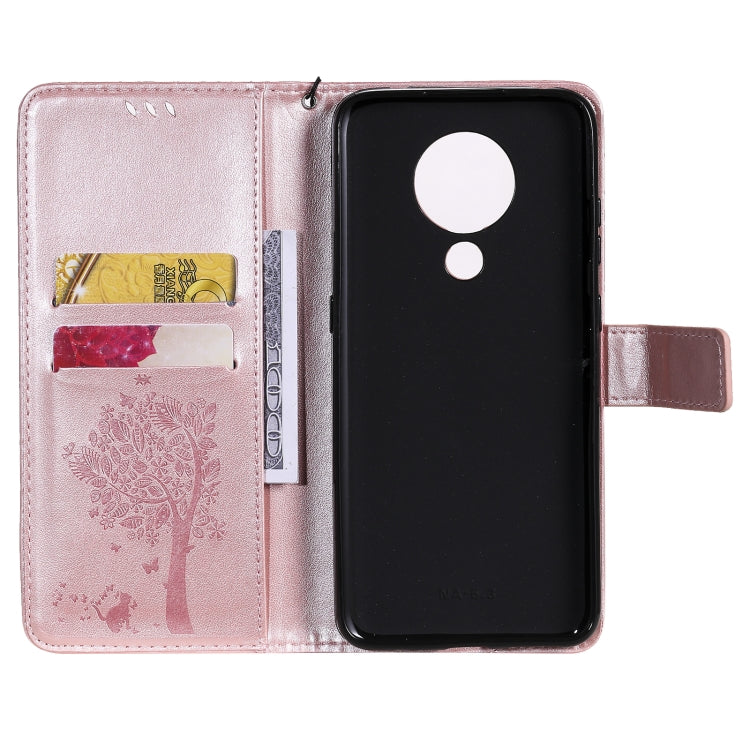 Para Nokia 5.3 Patrón de árbol y gato Impresión prensada Funda de cuero Horizontal Flip PU con soporte y ranuras para tarjetas y billetera y cordón (oro rosa)