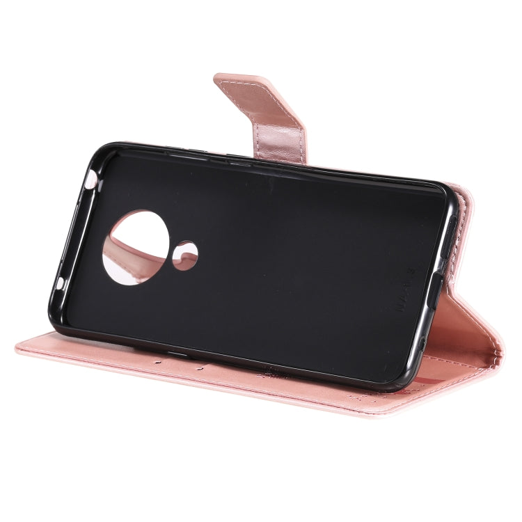 Para Nokia 5.3 Patrón de árbol y gato Impresión prensada Funda de cuero Horizontal Flip PU con soporte y ranuras para tarjetas y billetera y cordón (oro rosa)