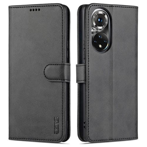 Para Honor 50 AZNS Siente la piel de la piel de la piel Caja de cuero de la tapa horizontal con ranuras y soporte para tarjetas y billetera (Negro)