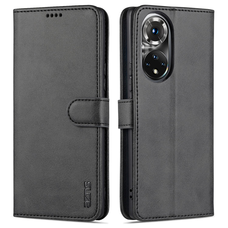 Para Honor 50 AZNS Siente la piel de la piel de la piel Caja de cuero de la tapa horizontal con ranuras y soporte para tarjetas y billetera (Negro)
