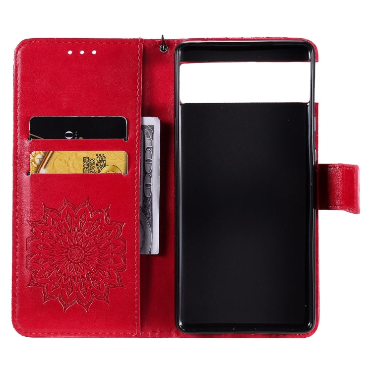Para Google Pixel 6 Pro Sun Sun Pattern Horizontal Flip Funda de cuero con ranura para tarjeta y soporte y cartera y cordón (rojo)