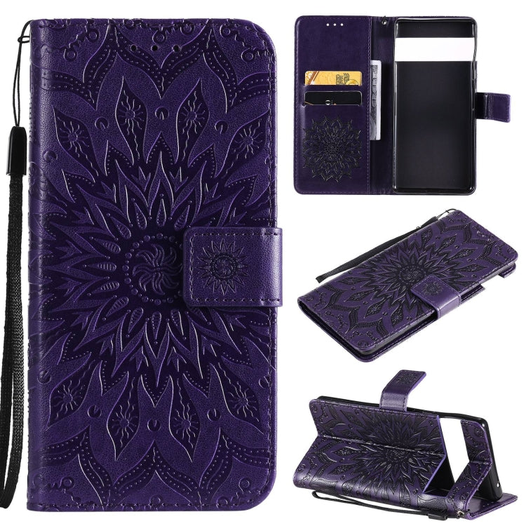 Para Google Pixel 6 Sun Pattern Horizontal Flip Funda de cuero con Tarjeta Slot & Soporte & Wallet & Lanyard (Púrpura)