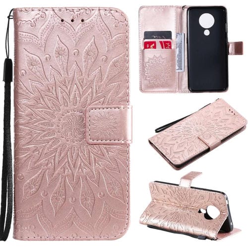 Para Nokia 5.3 Patrón de estampado en estampado de sol Horizontal Flip Funda con ranura para tarjeta y soporte y cartera y cordón (oro rosa)
