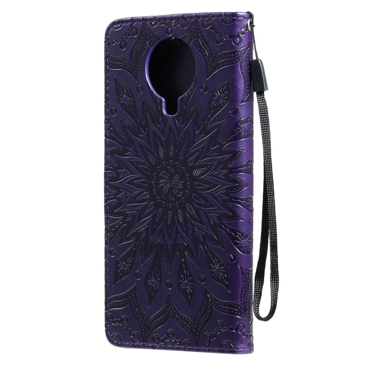 Para Nokia 6.3 / G20 / G10 Patrón de estampado en relieve Horizontal Flip Funda de cuero con ranura para tarjeta y soporte y billetera y cordón (púrpura)