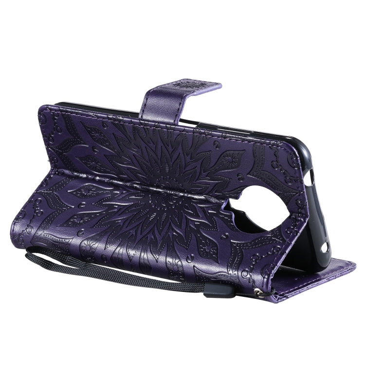 Para Nokia 6.3 / G20 / G10 Patrón de estampado en relieve Horizontal Flip Funda de cuero con ranura para tarjeta y soporte y billetera y cordón (púrpura)