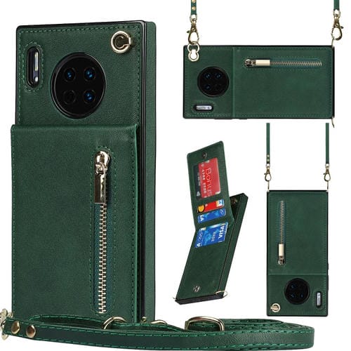 Para Huawei Mate 30 Cross-Body Zipper Square TPU + PU Funda posterior de la PU con soporte y ranuras para tarjetas y billetera y correa (verde)