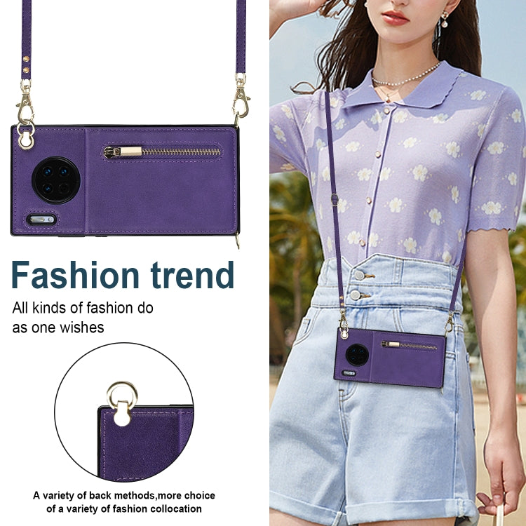 Para Huawei Mate 30 Pro Cross-Body Zipper Square TPU + PU Funda posterior de la PU con soporte y ranuras para tarjetas y billetera y correa (púrpura)
