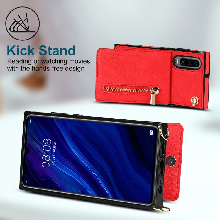 Para Huawei P30 Cross-Body Zipper Square TPU + PU Funda trasera con soporte y ranuras para tarjetas y correa (rojo)
