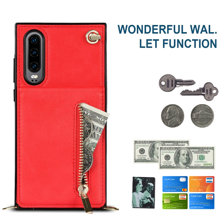 Para Huawei P30 Cross-Body Zipper Square TPU + PU Funda trasera con soporte y ranuras para tarjetas y correa (rojo)