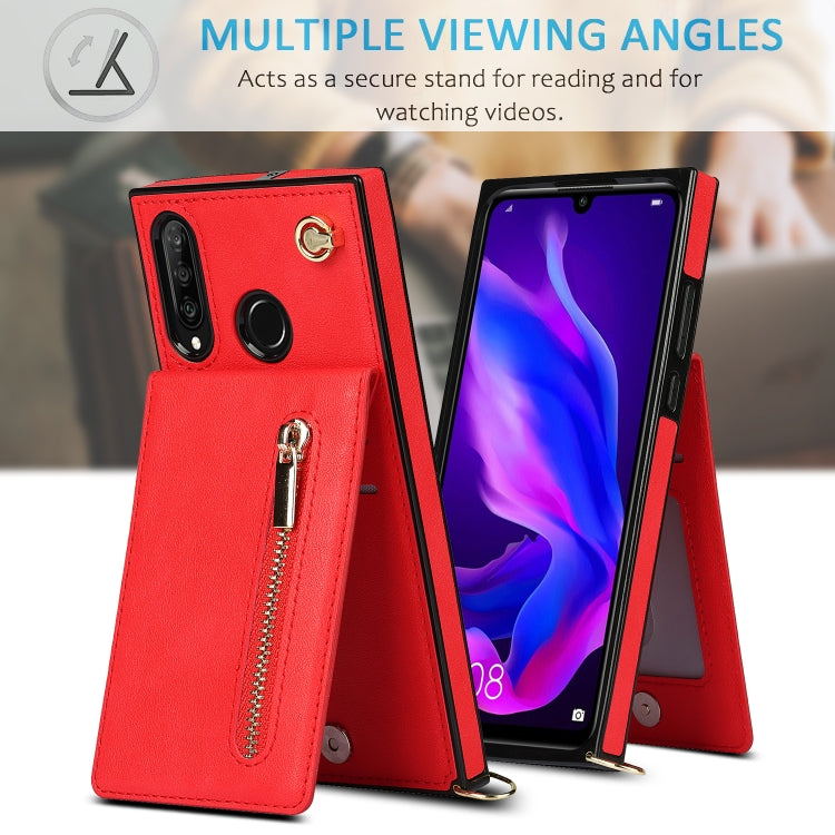 Para Huawei P30 Lite Cruz Cross-Body Square TPU + PU Funda trasera con soporte y ranuras para tarjetas y billetera y correa (rojo)