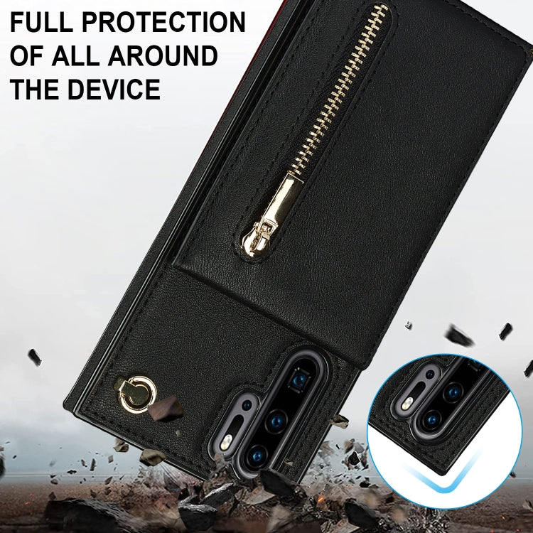 Para Huawei P30 Pro Cross-Body Zipper Square TPU + PU Funda trasera con soporte y tragamonedas y billetera y correa (Negro)