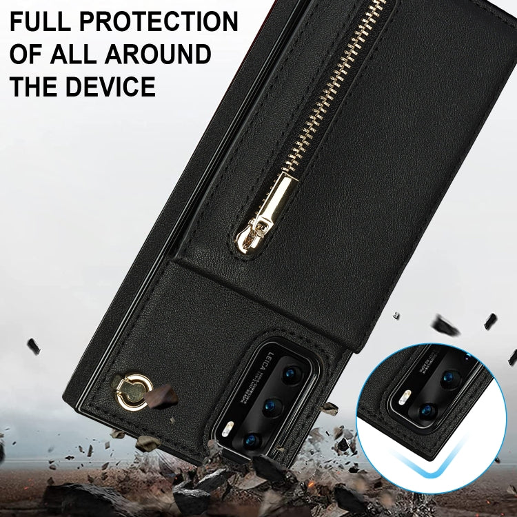 Para Huawei P40 Cross-Body Zipper Square TPU + PU Funda trasera con soporte y tragamonedas de tarjeta y billetera y correa (Negro)