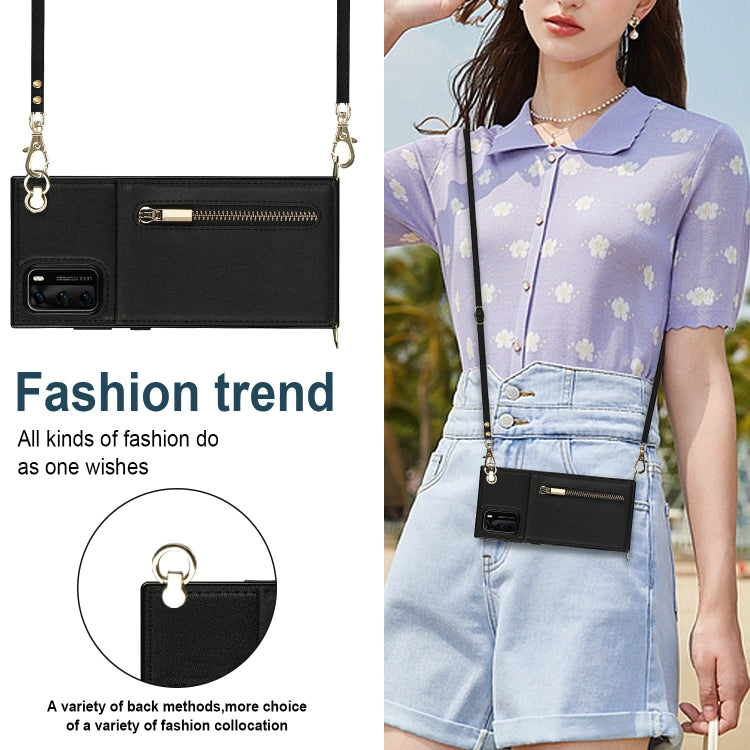 Para Huawei P40 Cross-Body Zipper Square TPU + PU Funda trasera con soporte y tragamonedas de tarjeta y billetera y correa (Negro)