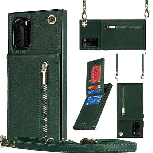 Para Huawei P40 Pro Cross-Body Zipper Square TPU + PU Funda trasera con soporte y ranuras para tarjeta y billetera y correa (verde)