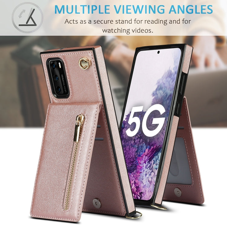 Para Huawei P40 PRO CRASS-CHERPER CHEPTPER SQUARE TPU + PU Funda trasera con soporte y tragamonedas y billetera y correa (oro rosa)