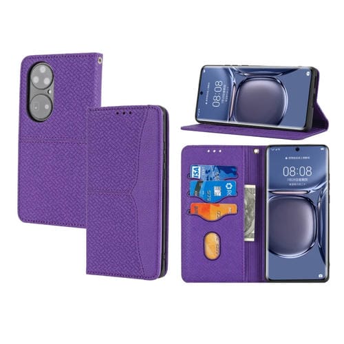 Para Huawei P50 Pro Textura Textura Magnética Horizontal Flip PU Funda de cuero con soporte y ranuras para tarjetas y Billetera y cordón (púrpura)