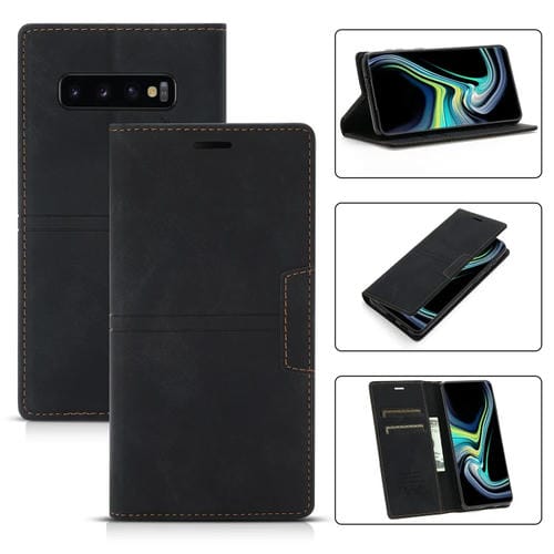 Funda para Samsung Galaxy S10 + Succión Magnética Flip Pu Cuero con Soporte y Ranura para Tarjeta y Billetera (Negro)