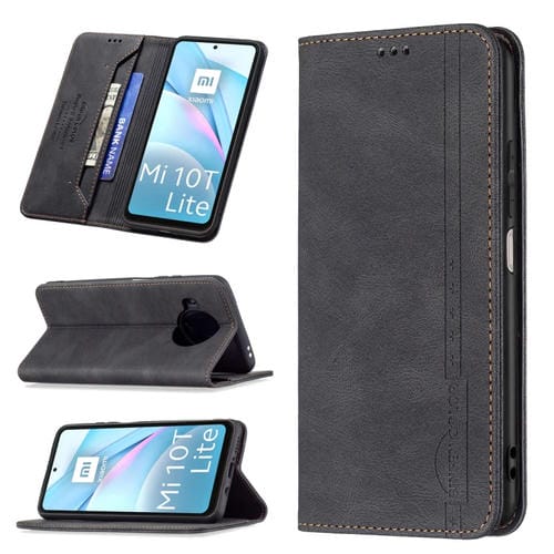 Para Xiaomi MI 10T Lite 5G Magnético RFID bloqueo de cuero antirrobo con soporte y ranuras para tarjeta y billetera (Negro)