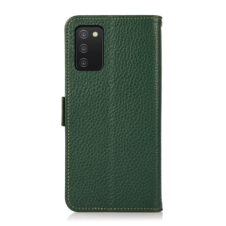 Caja del Teléfono Samsung Galaxy A03S 164mm Khazneh Side-Magntic Litchi Cuero Genuino Rfid (Verde)