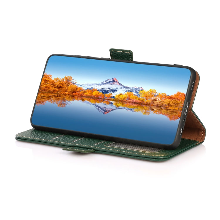 Caja del Teléfono Samsung Galaxy A03S 164mm Khazneh Side-Magntic Litchi Cuero Genuino Rfid (Verde)