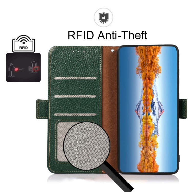 Caja del Teléfono Samsung Galaxy A03S 164mm Khazneh Side-Magntic Litchi Cuero Genuino Rfid (Verde)