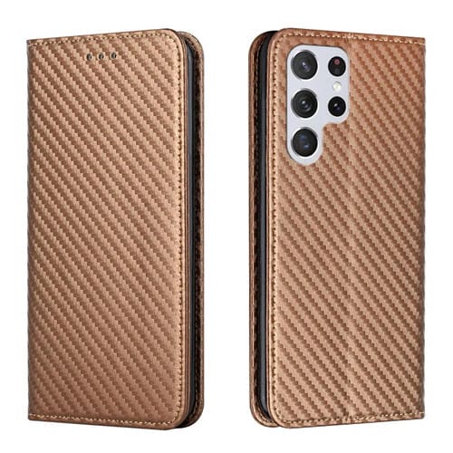 Para Samsung Galaxy S22 Ultra 5G Carbon Fiber Texture Titular de la funda de cuero (Marrón)