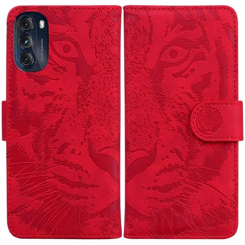 Funda de Cuero para Motorola Moto G 2022 con Patrón Tigre y Volteo Horizontal (Rojo)