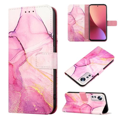 Para la caja del teléfono de cuero Flip de patrón de mármol Xiaomi 12 lite (Pink Purple Gold LS001)