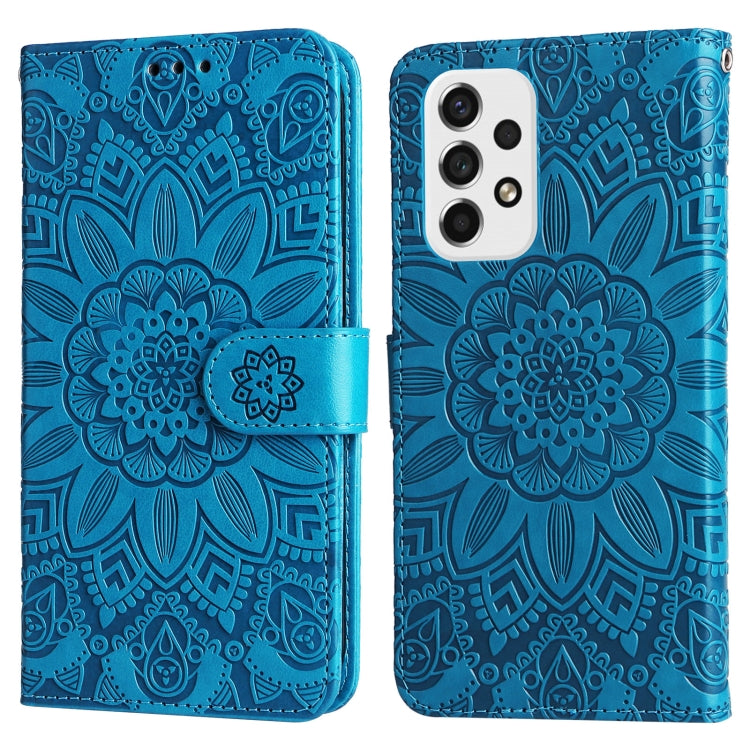 Para Samsung Galaxy A53 5G Estuche para teléfono de cuero con estampado de girasol en relieve (Azul)