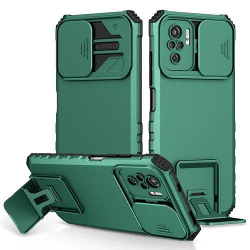 Para Xiaomi Redmi Note 10 4G Soporte estereoscópico Deslizante Camshield Phone Case (Verde)