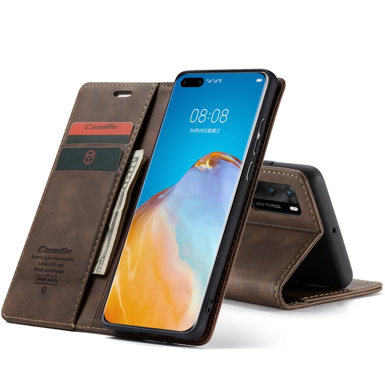 Para Huawei P40 CaseMe-013 Estuche de cuero con tapa horizontal multifuncional con ranura para tarjeta, soporte y billetera (café)