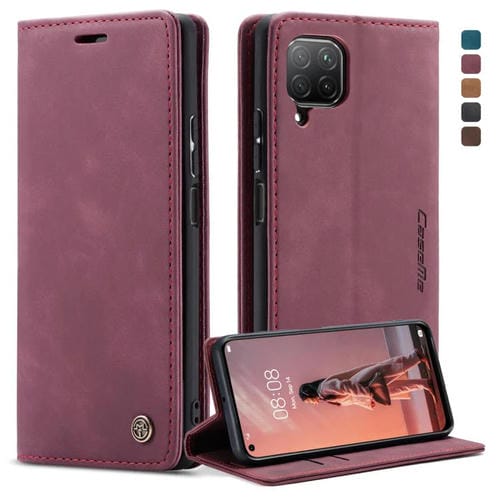 Para Huawei P40 Lite CaseMe-013 Estuche de cuero con tapa horizontal multifuncional con ranura para tarjeta, soporte y billetera (rojo vino)