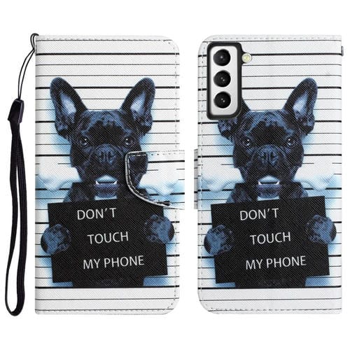 Para Samsung Galaxy S21 5G Estuche para teléfono de cuero con dibujo coloreado (perro negro)