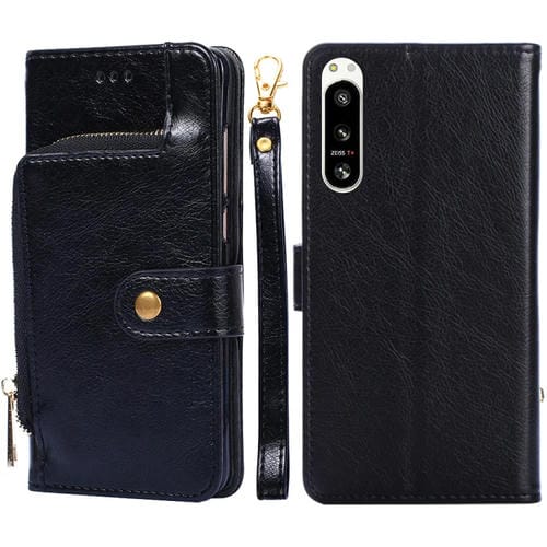 Funda para Sony Xperia 5 IV con Cremallera y Tapa de Cuero (Negro)
