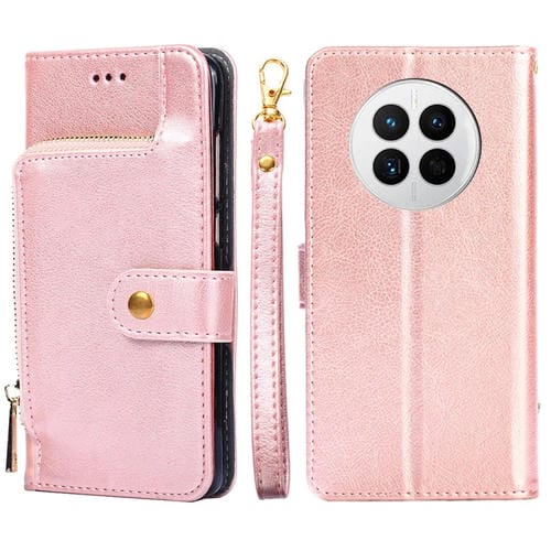 Funda de Cuero con Tapa y Cremallera para Huawei Mate 50 (Oro Rosa)