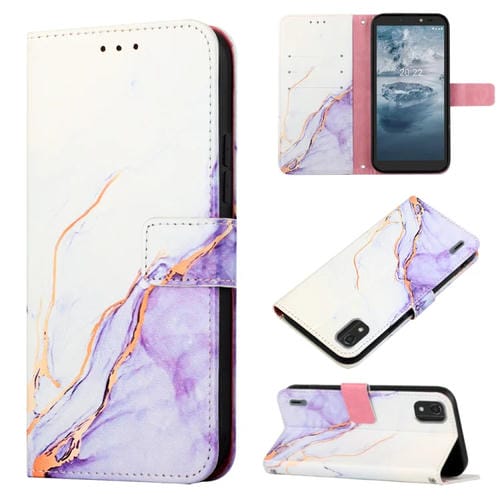 Para Nokia C2 2ND Edition PT003 Patrón de mármol Funda de cuero con tapa para teléfono (Blanco Púrpura LS006)
