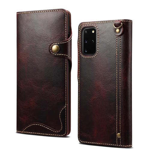 Para Samsung Galaxy S20+ Denior Oil Wax Cowhide Botón magnético Funda de cuero genuino (Rojo oscuro)