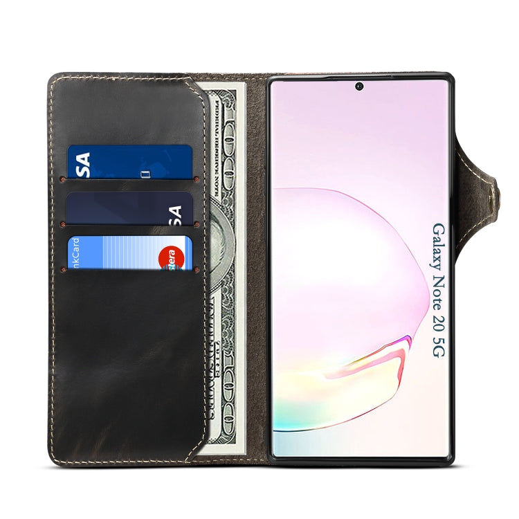Para Samsung Galaxy Note20 Denior Oil Wax Cowhide Botón magnético Funda de cuero genuino (Negro)